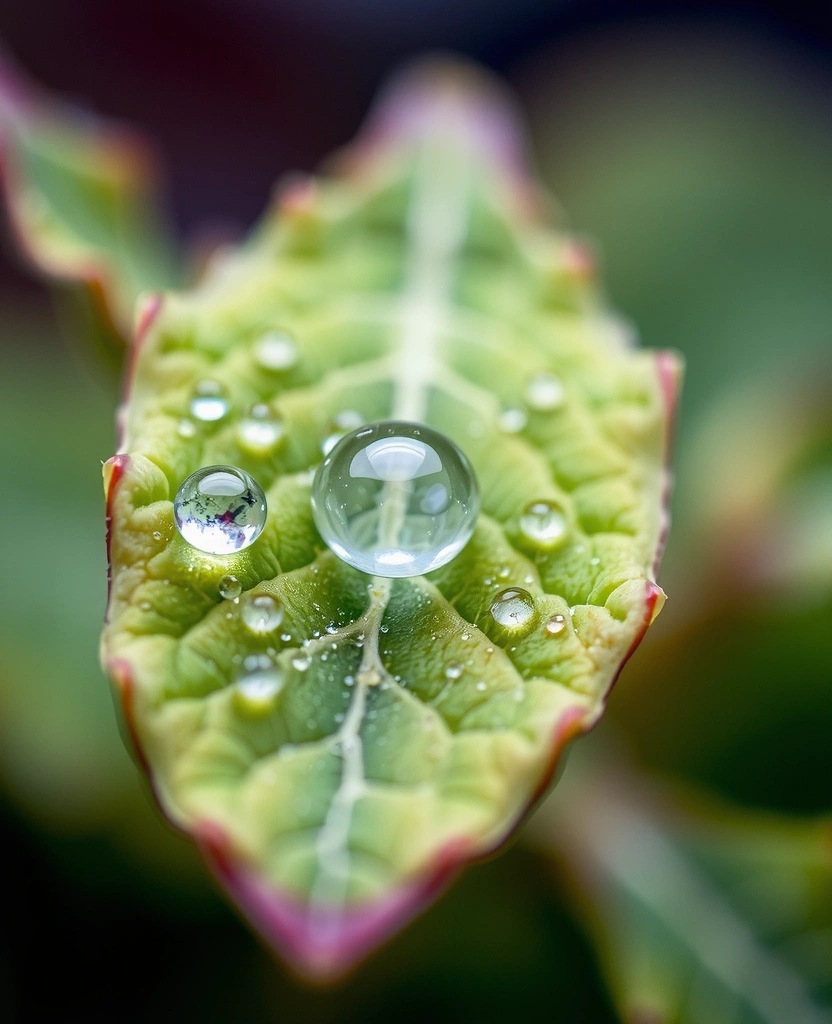 Detalle de hoja de salvia con gota de rocío